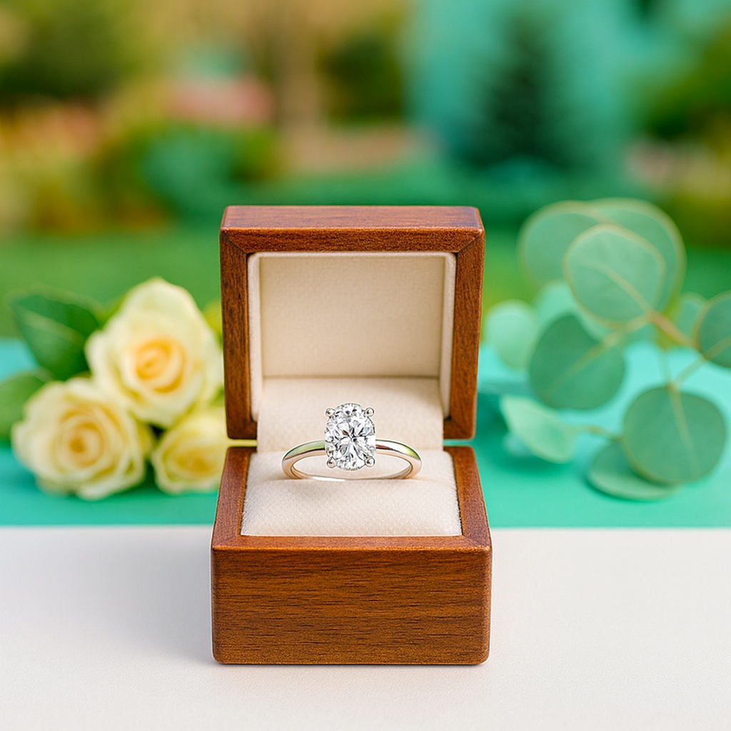 Diamond ring in a wooden box with flowers and greenery in the background