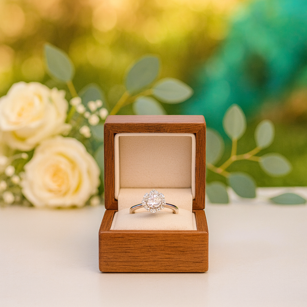 Diamond ring in a wooden box with flowers and greenery in the background