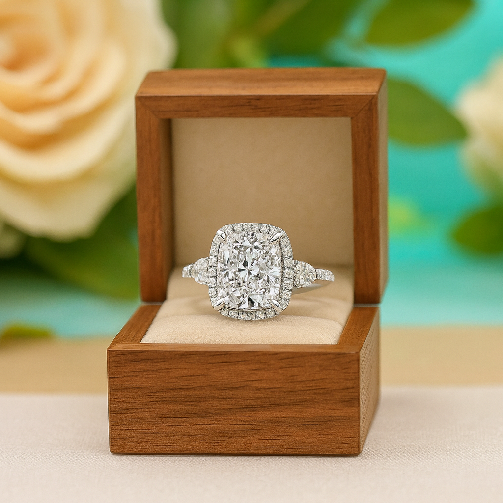 Diamond ring in a wooden box with flowers in the background
