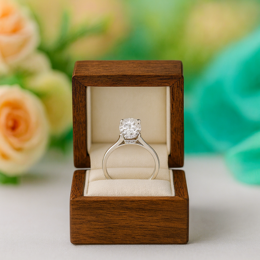 Diamond ring in a wooden box with flowers in the background