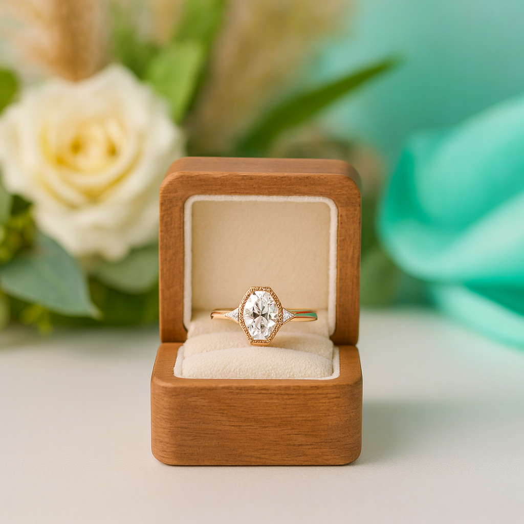 Diamond ring in a wooden box with flowers in the background