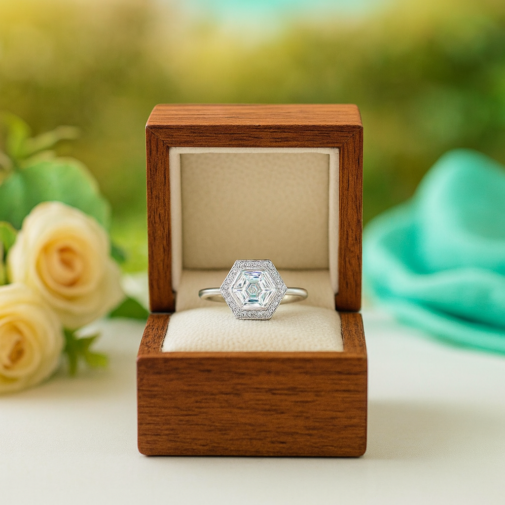 Diamond ring in a wooden box with flowers in the background