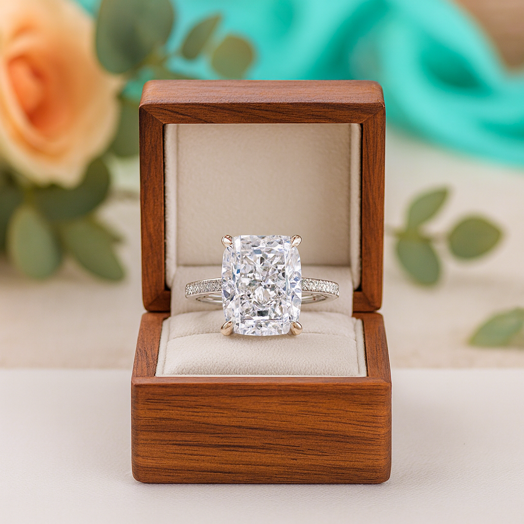 Diamond ring in a wooden box with flowers in the background
