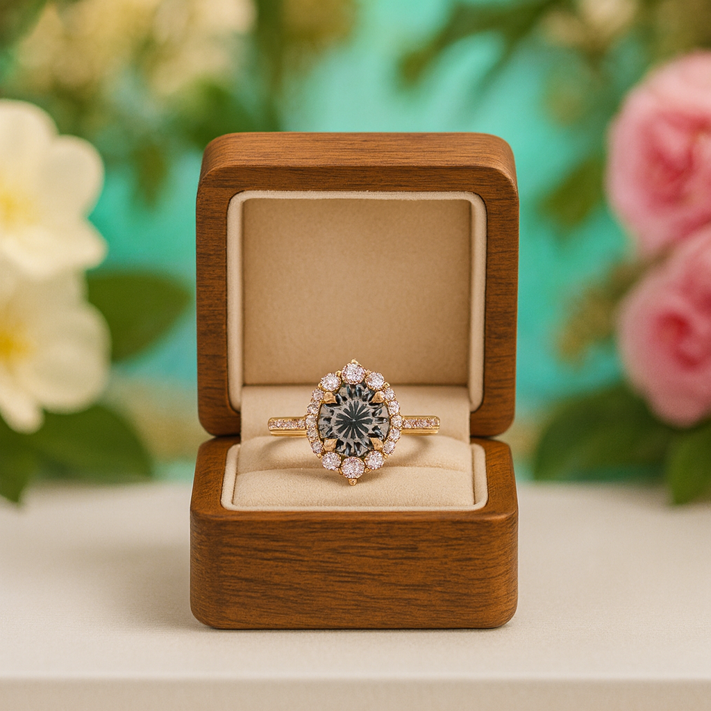 Diamond ring in a wooden box with flowers in the background