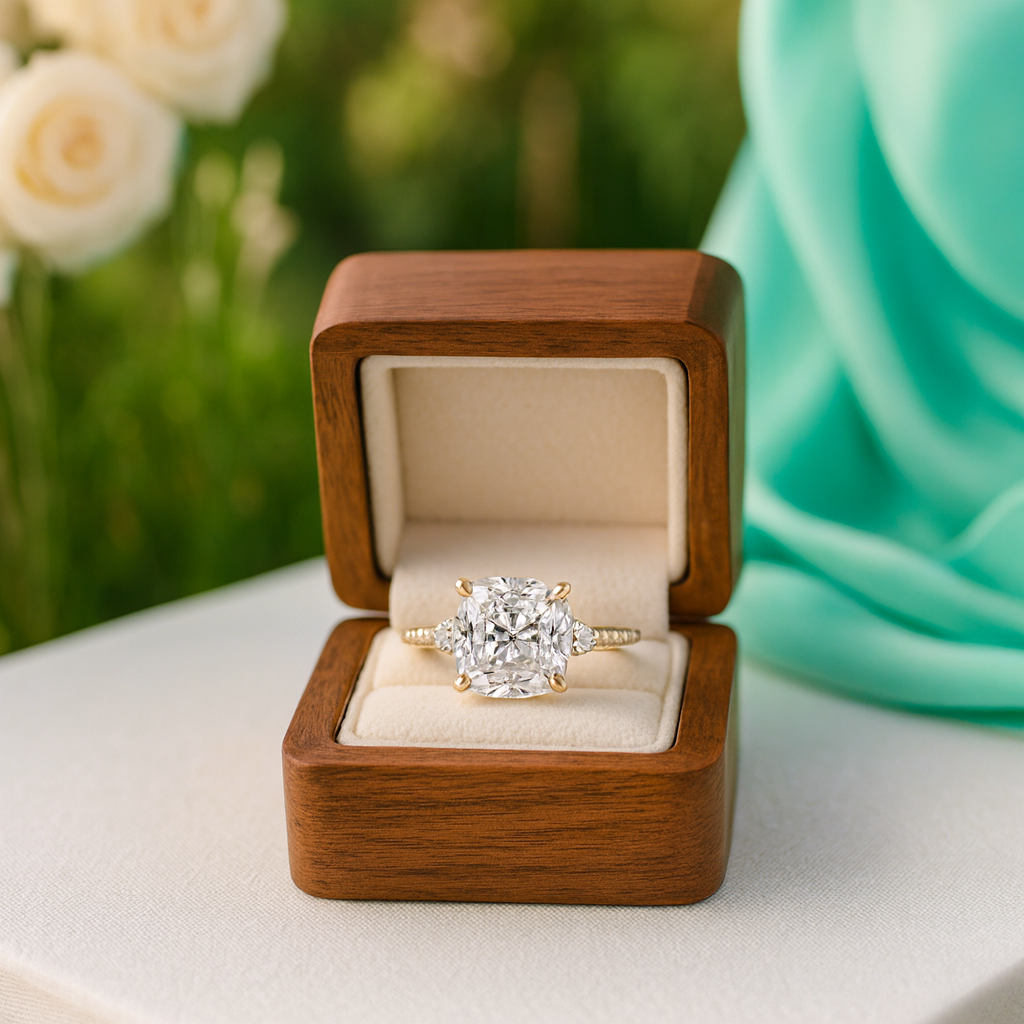 Diamond ring in a wooden box with flowers in the background