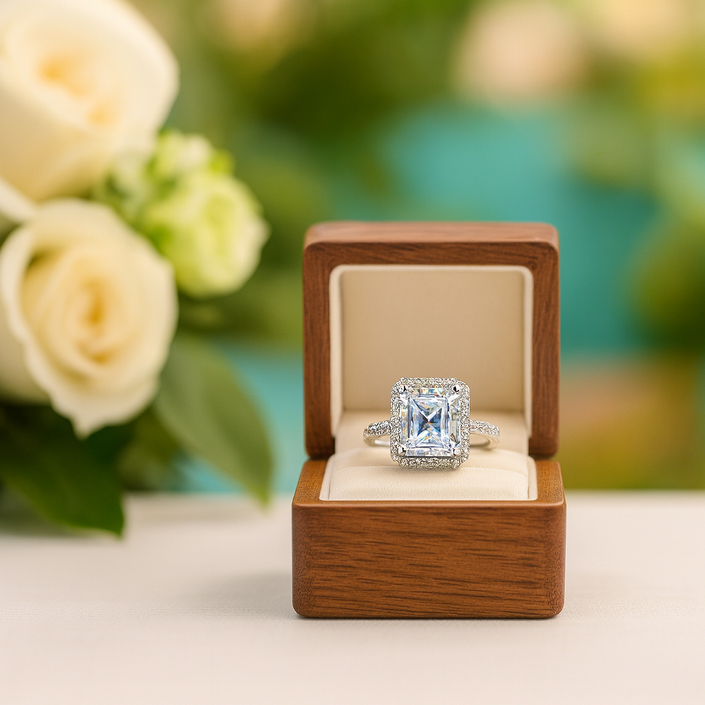 Diamond ring in a wooden box with white roses in the background