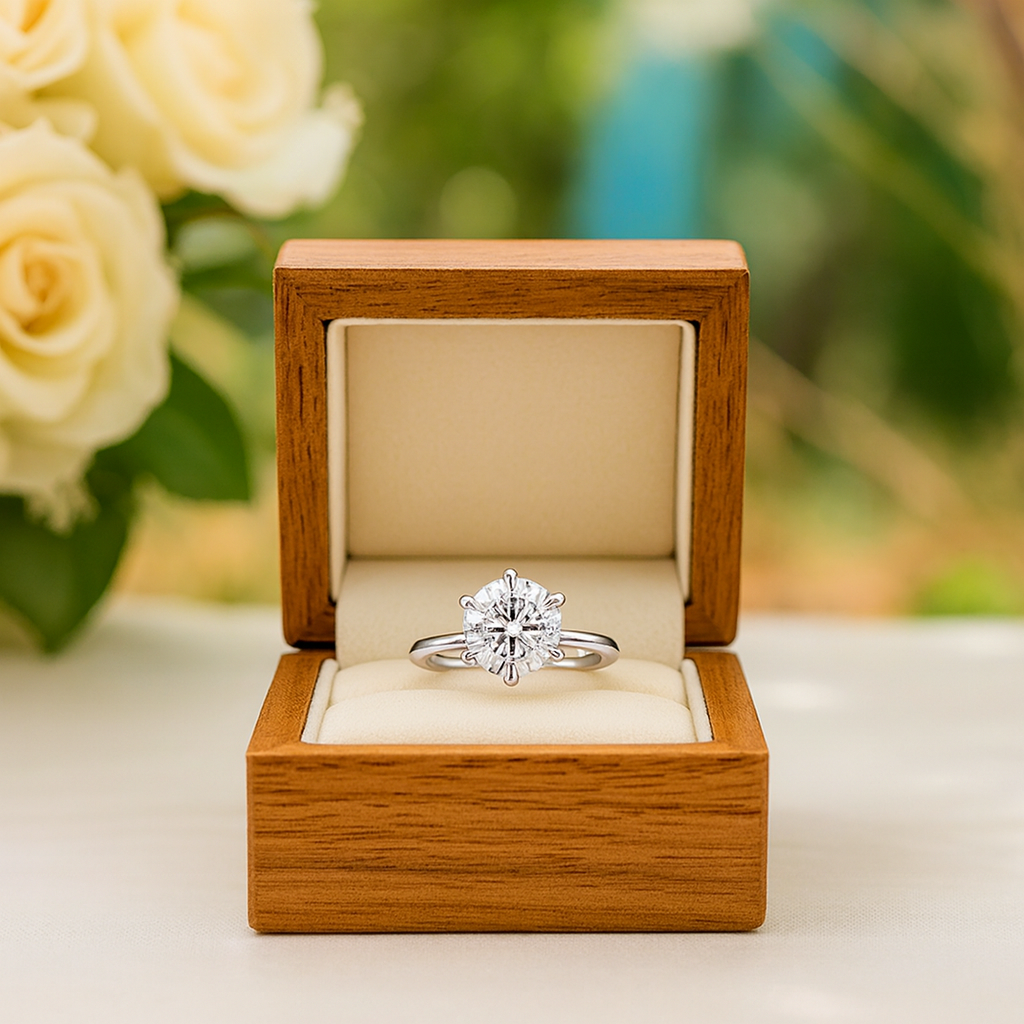 Diamond ring in a wooden box with yellow roses in the background