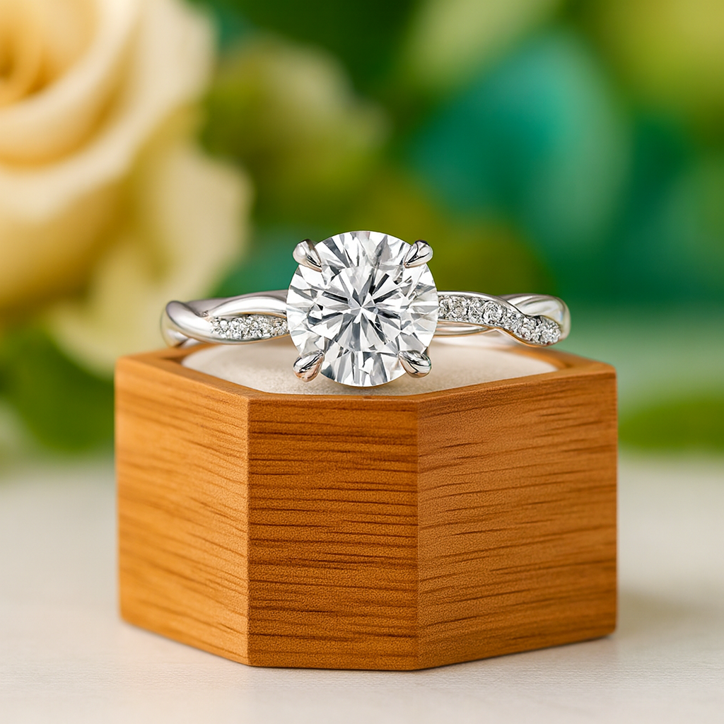 Diamond ring on a wooden box with a blurred floral background