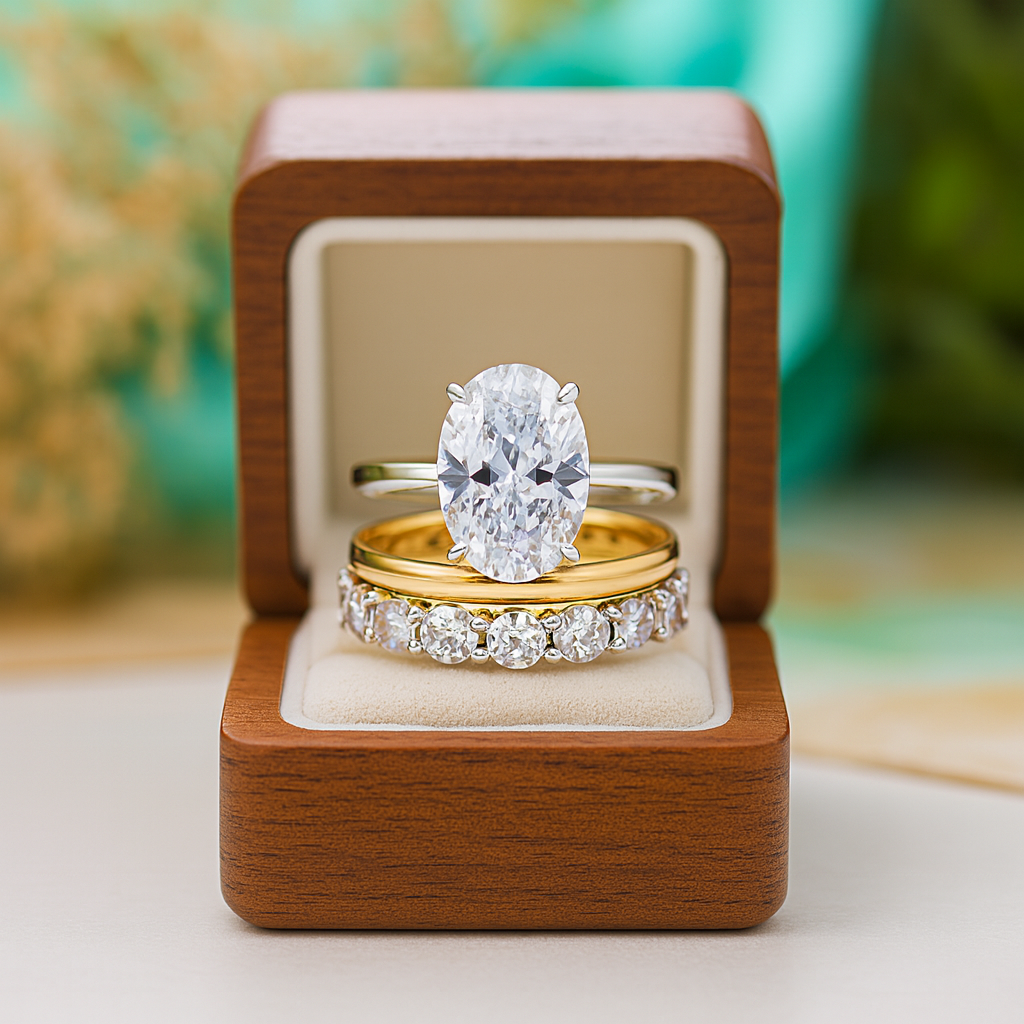 Diamond ring with gold band in a wooden box on a blurred natural background