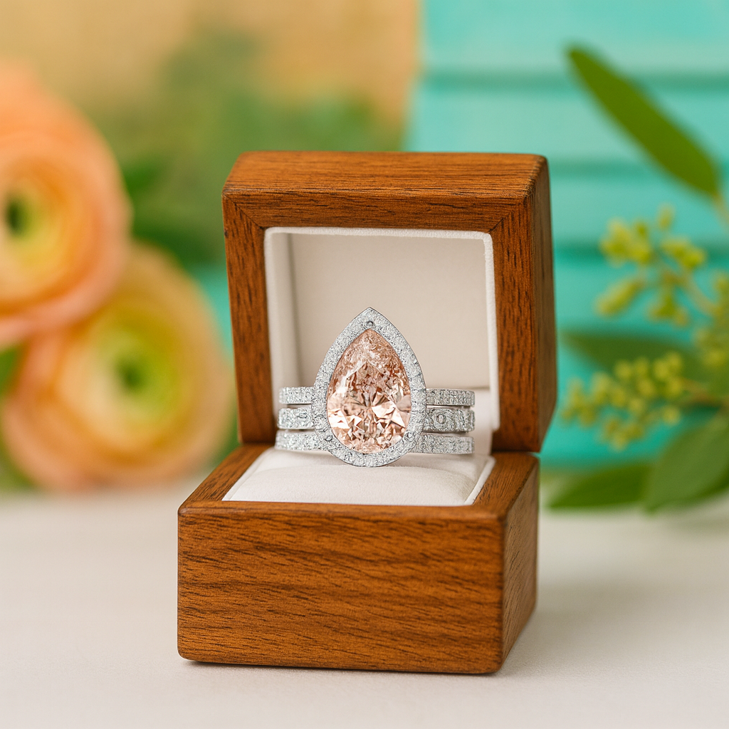 Diamond ring with wooden box on a blurred background