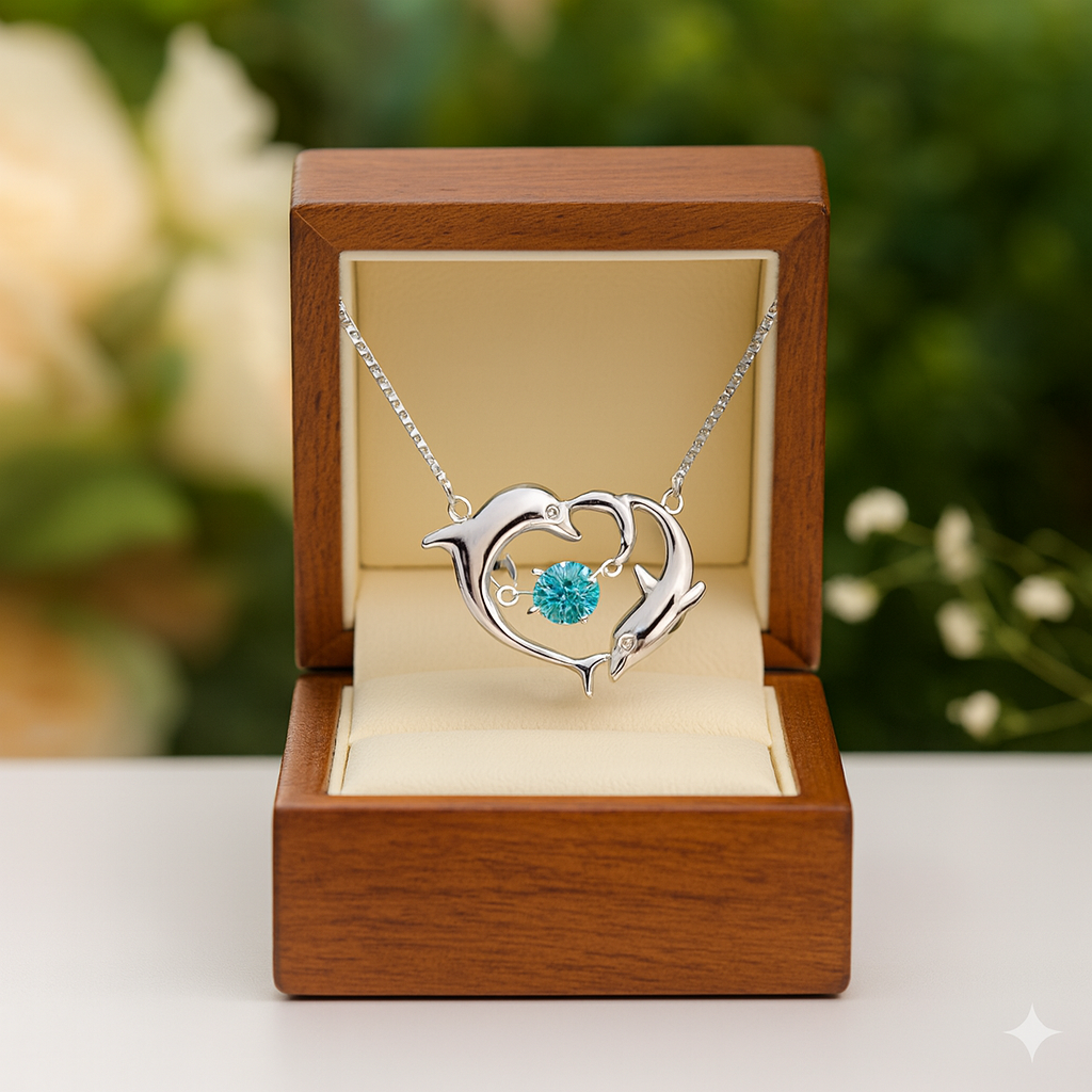 Dolphin necklace with a blue gemstone in a wooden box with a blurred floral background