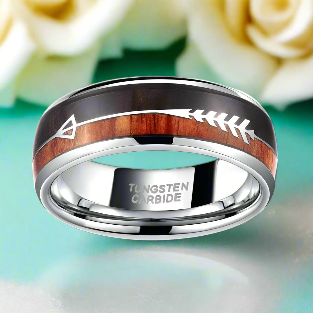Dome Tungsten Men's Wedding Band with Wood & Arrow-Evani Jewelry