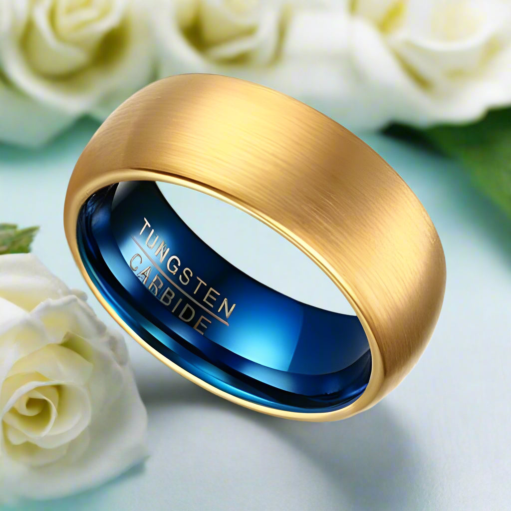 Domed Gold & Blue Tungsten Men's Wedding Band-Evani Naomi Jewelry