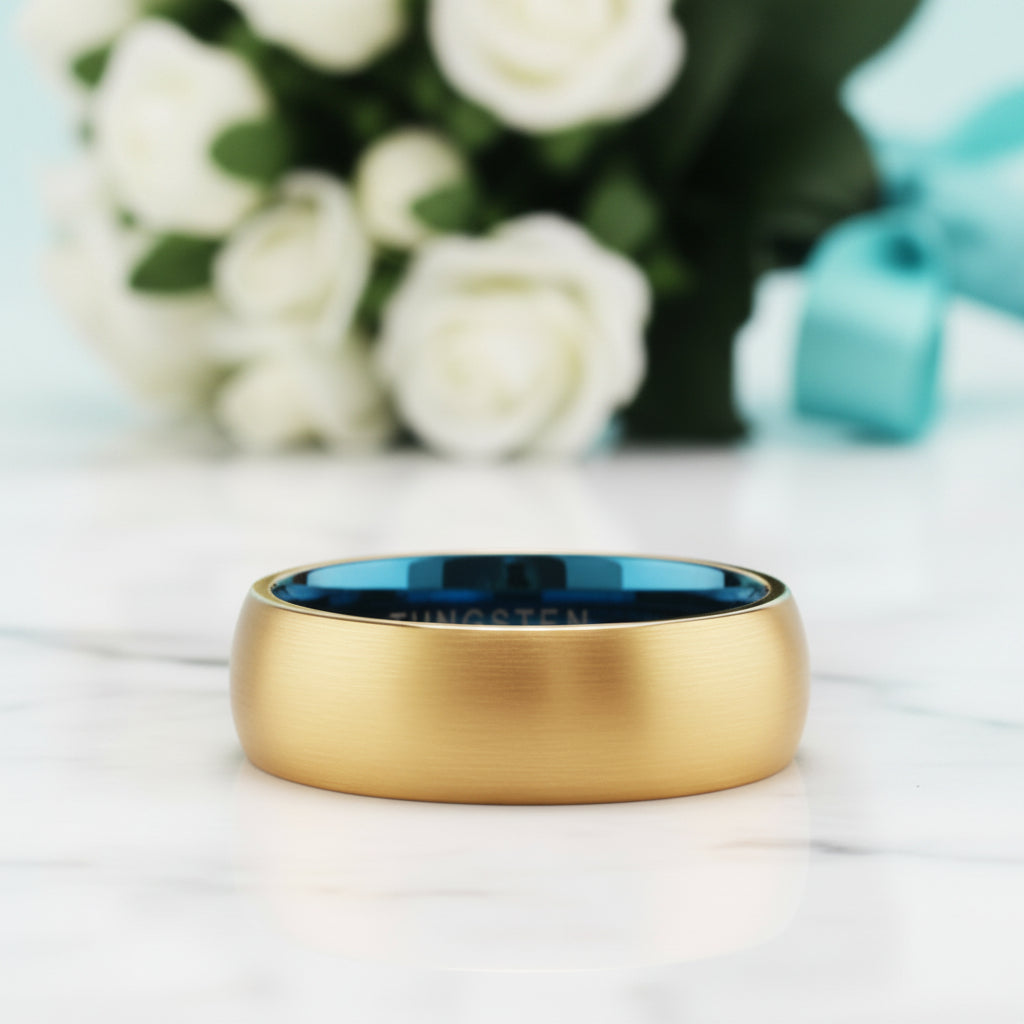 Domed Gold & Blue Tungsten Men's Wedding Band-Evani Jewelry