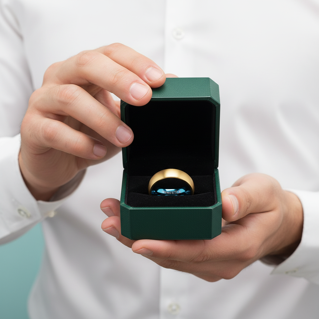 Domed Gold & Blue Tungsten Men's Wedding Band - Evani Naomi Jewelry