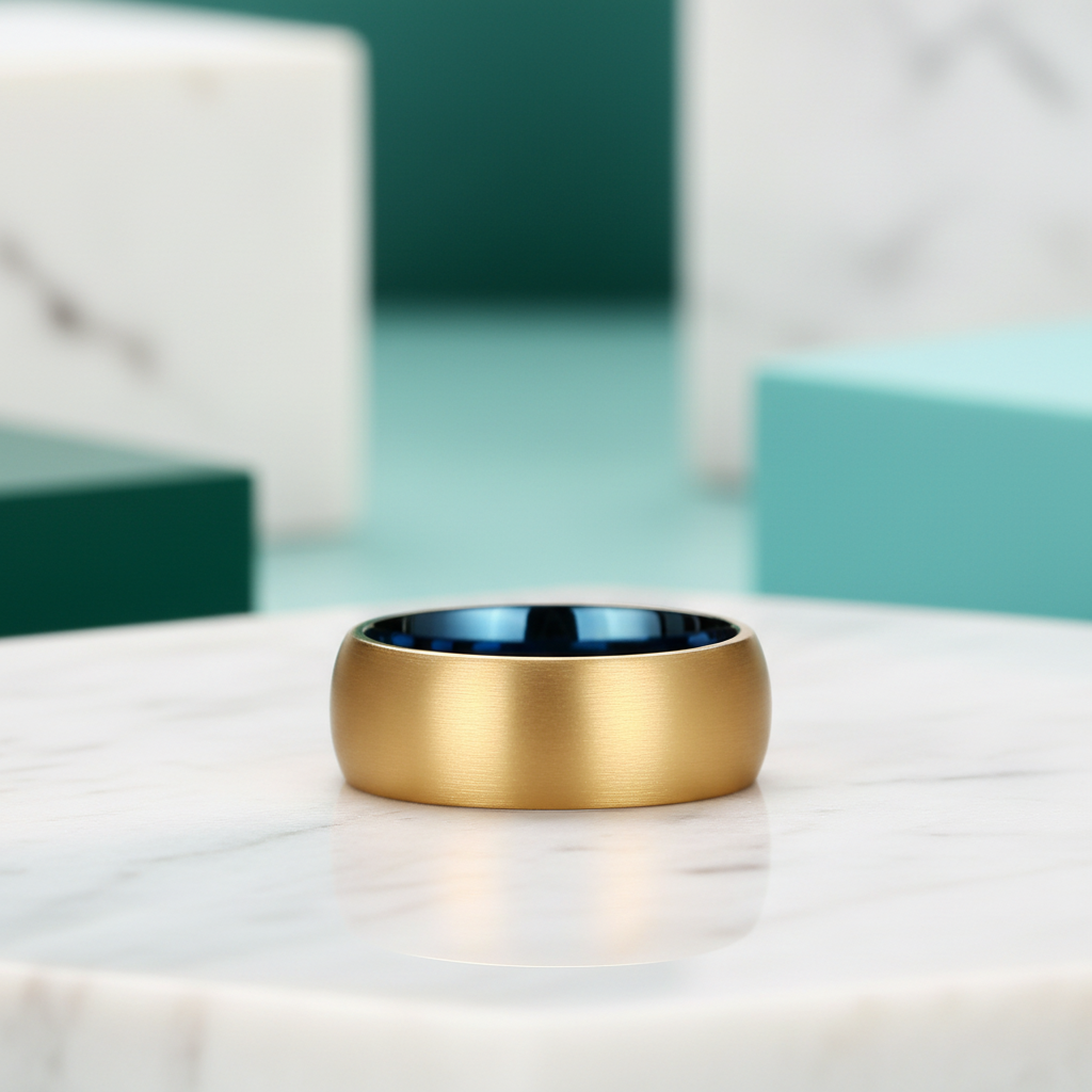 Domed Gold & Blue Tungsten Men's Wedding Band-Evani Jewelry