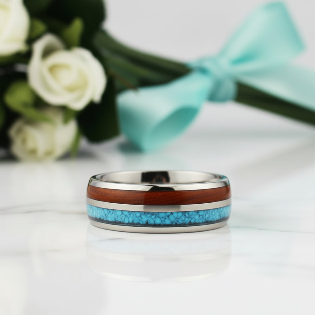Domed Tungsten Men's Wedding Band with Blue & Wood Inlay-Evani Jewelry