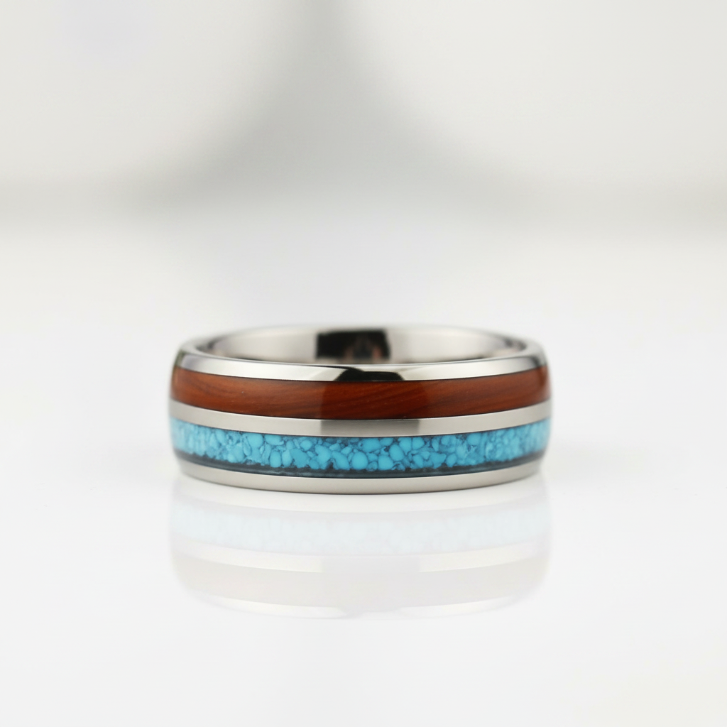 Domed Tungsten Men's Wedding Band with Blue & Wood Inlay - Evani Naomi Jewelry