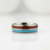 Domed Tungsten Men's Wedding Band with Blue & Wood Inlay - Evani Naomi Jewelry