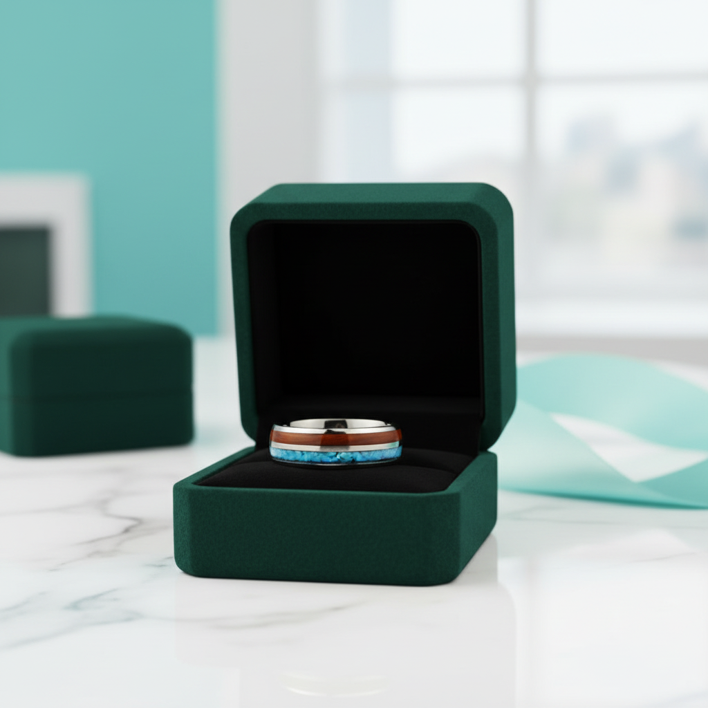 Domed Tungsten Men's Wedding Band with Blue & Wood Inlay - Evani Naomi Jewelry
