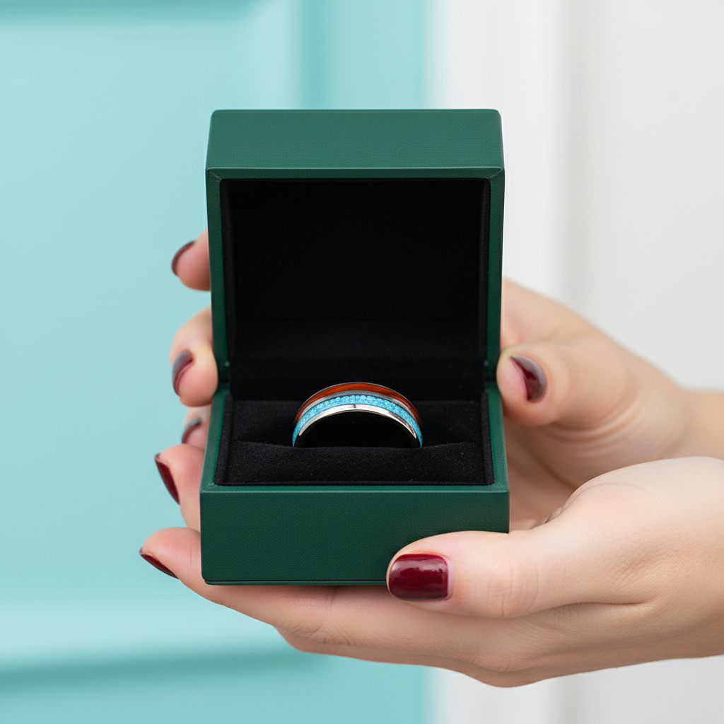 Domed Tungsten Men's Wedding Band with Blue & Wood Inlay - Evani Naomi Jewelry