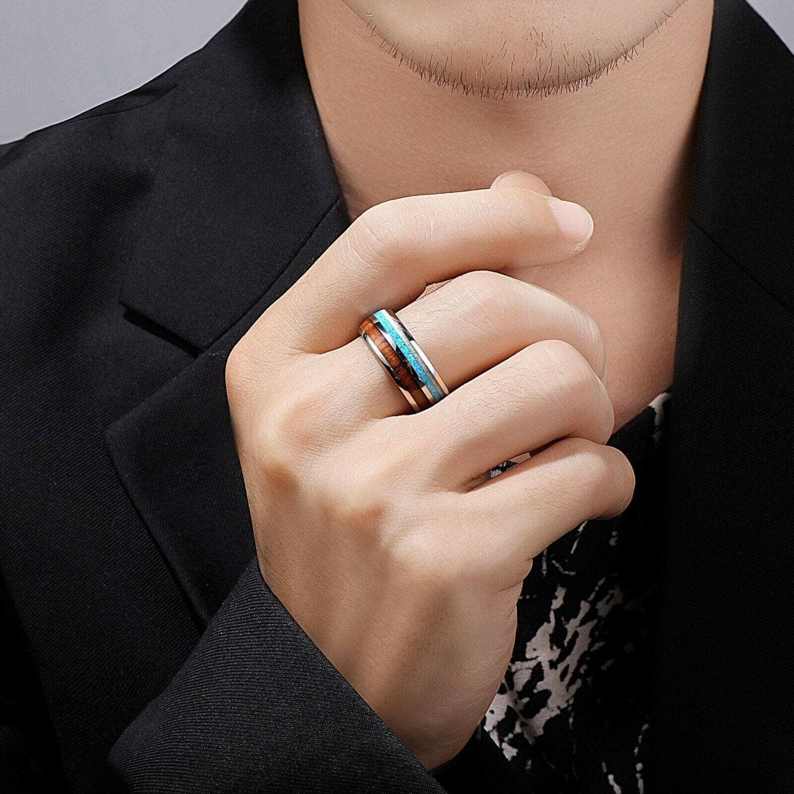 Domed Tungsten Men's Wedding Band with Blue & Wood Inlay-Evani Naomi Jewelry