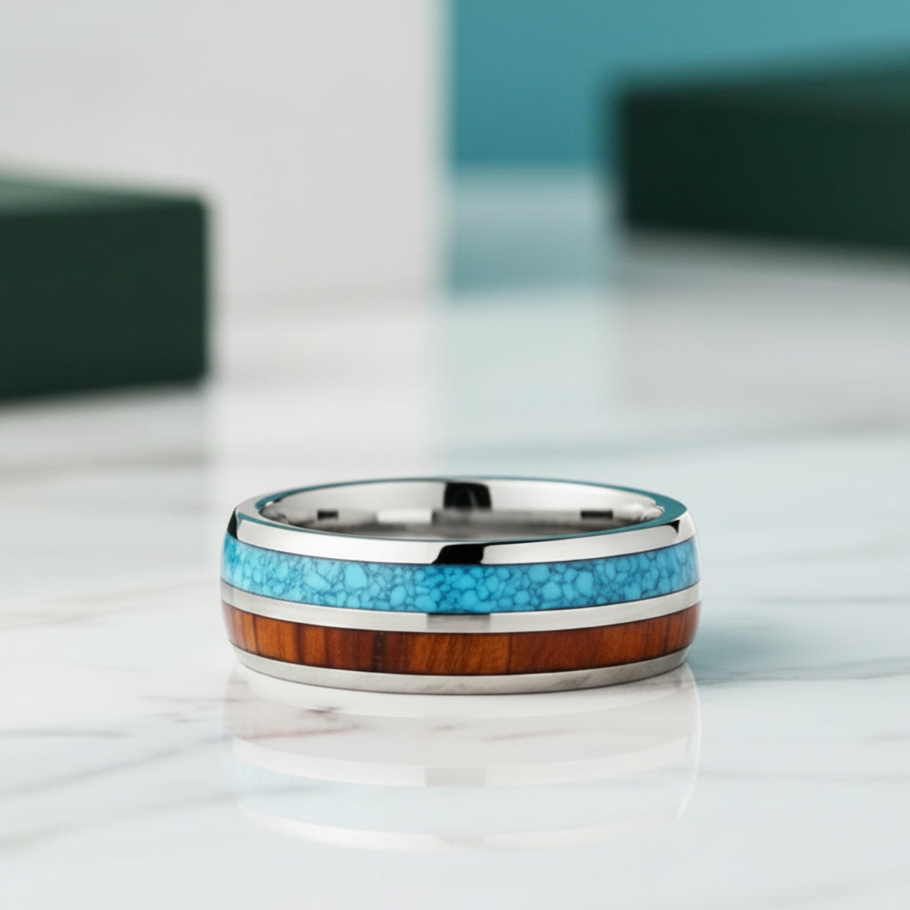 Domed Tungsten Men's Wedding Band with Blue & Wood Inlay-Evani Jewelry
