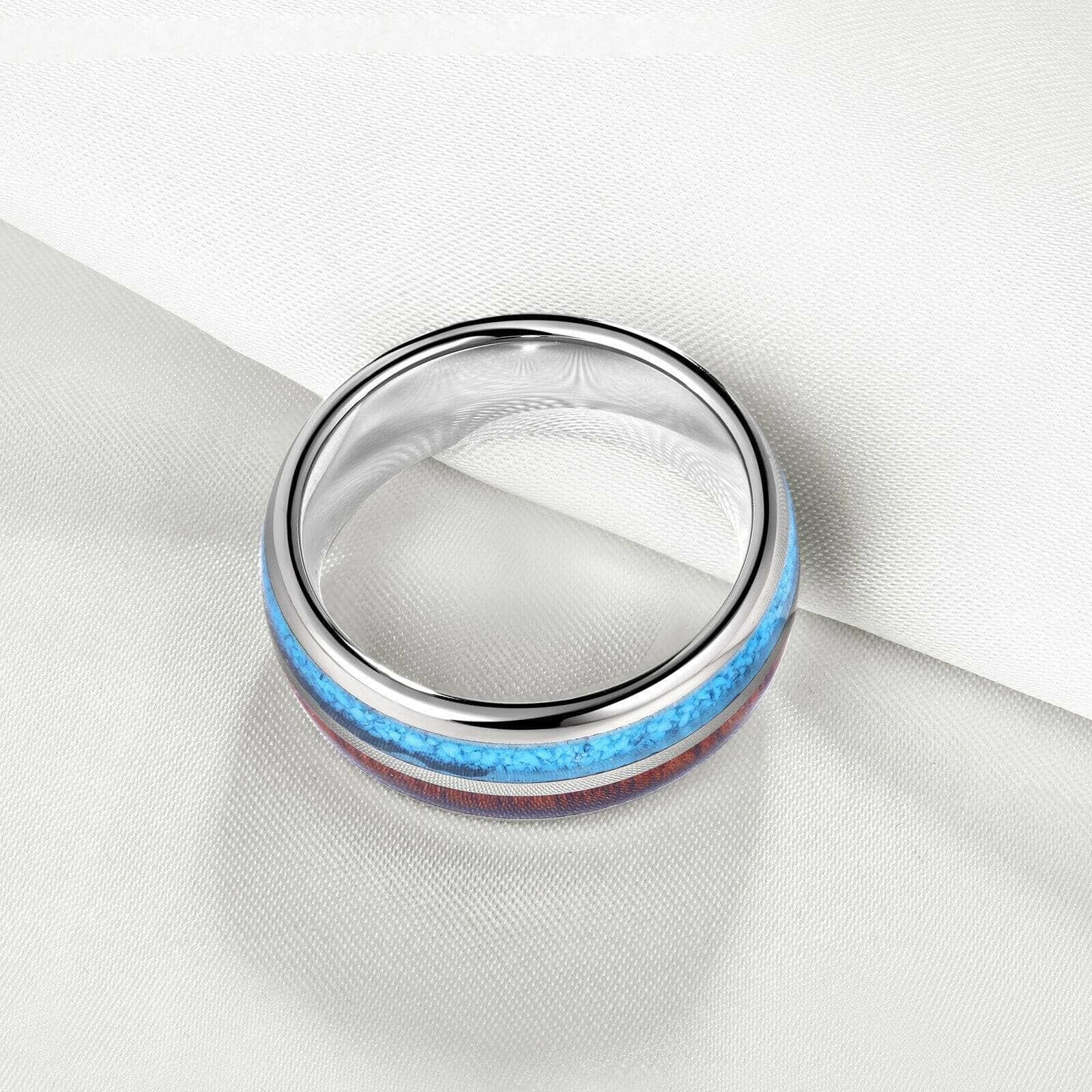 Domed Tungsten Men's Wedding Band with Blue & Wood Inlay-Evani Naomi Jewelry
