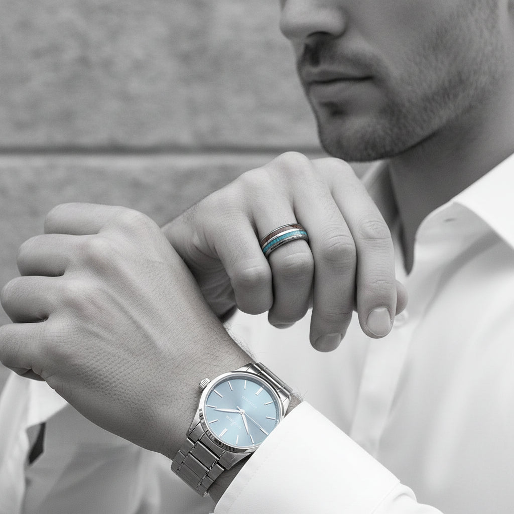 Domed Tungsten Men's Wedding Band with Blue & Wood Inlay-Evani Jewelry