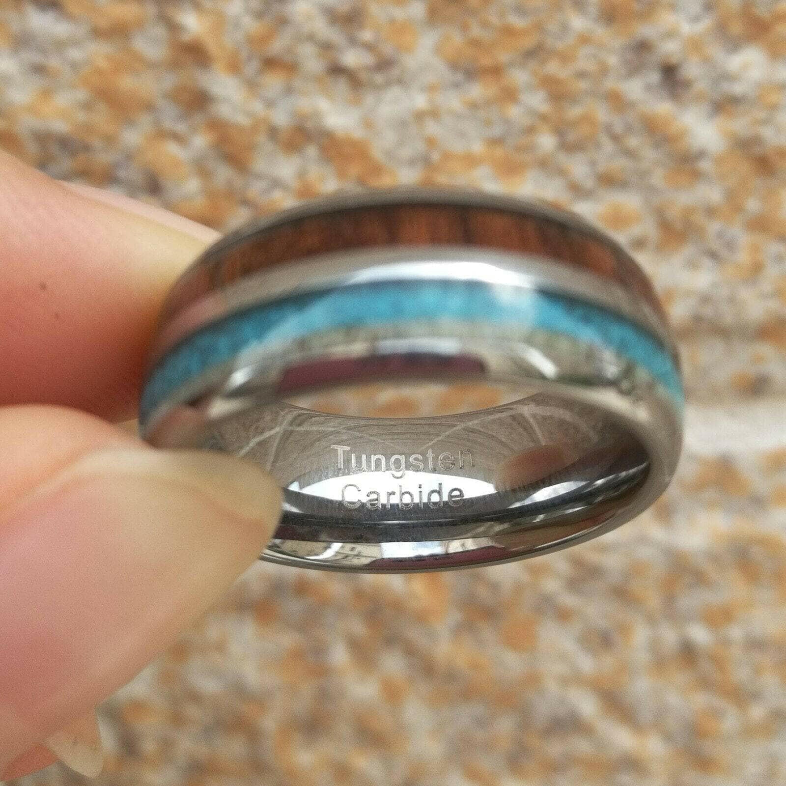 Domed Tungsten Men's Wedding Band with Blue & Wood Inlay-Evani Naomi Jewelry