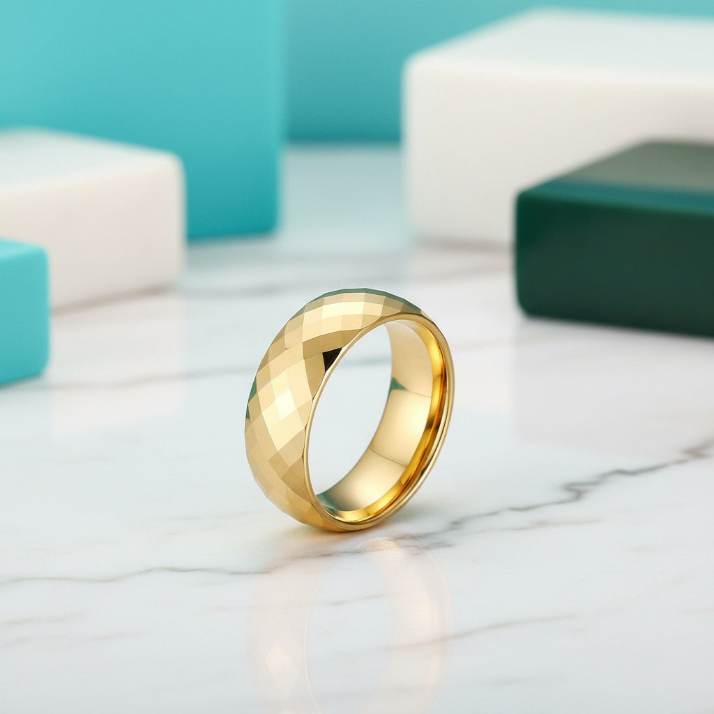 Domed Yellow Gold Rhombus Tungsten Men's Wedding Band-Evani Jewelry