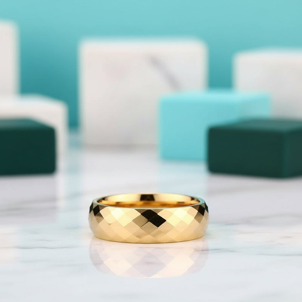 Domed Yellow Gold Rhombus Tungsten Men's Wedding Band-Evani Jewelry