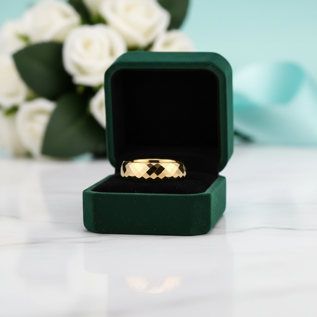 Domed Yellow Gold Rhombus Tungsten Men's Wedding Band - Evani Naomi Jewelry