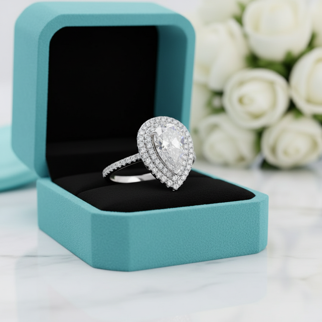 Double Halo 2.0 Ct Pear Cut Diamond Engagement Ring-Evani Jewelry