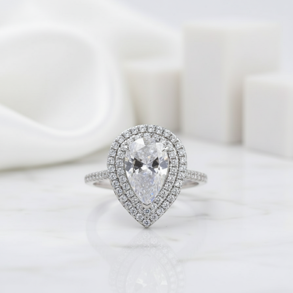 Double Halo 2.0 Ct Pear Cut Diamond Engagement Ring-Evani Jewelry