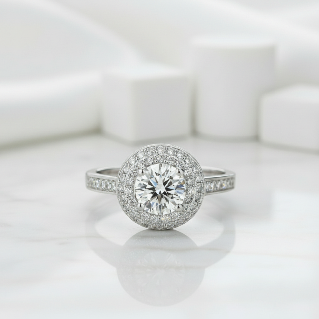 Double-Halo Round 1.00 ct Diamond Engagement Ring-Evani Jewelry