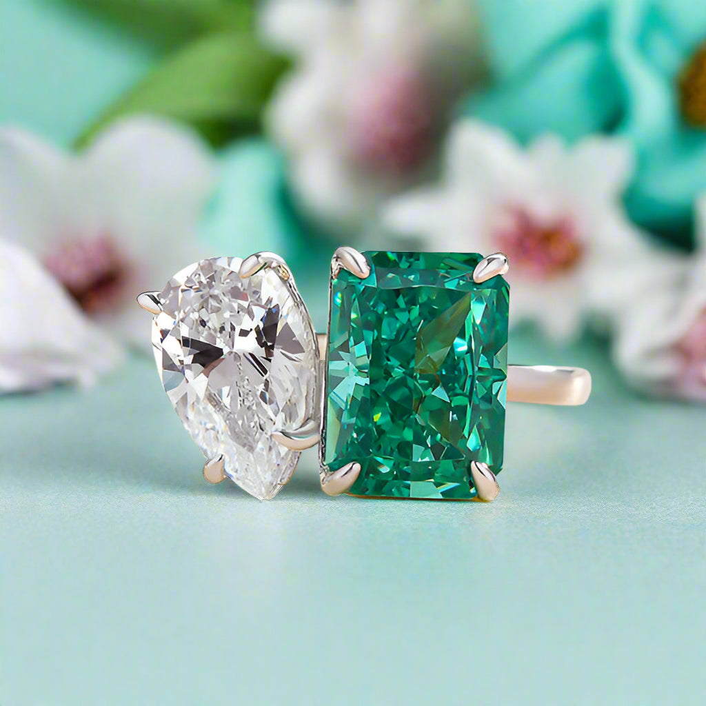 Double Stone Radiant & Pear Cut White Gold Engagement Ring-Evani Naomi Jewelry