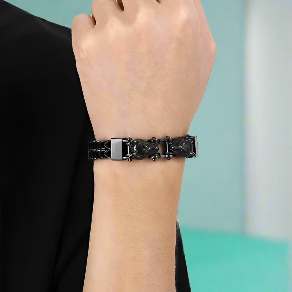 Double Wolf Head Biker Net Bracelet-Evani Jewelry