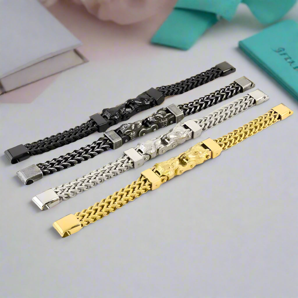 Double Wolf Head Biker Net Bracelet-Evani Naomi Jewelry