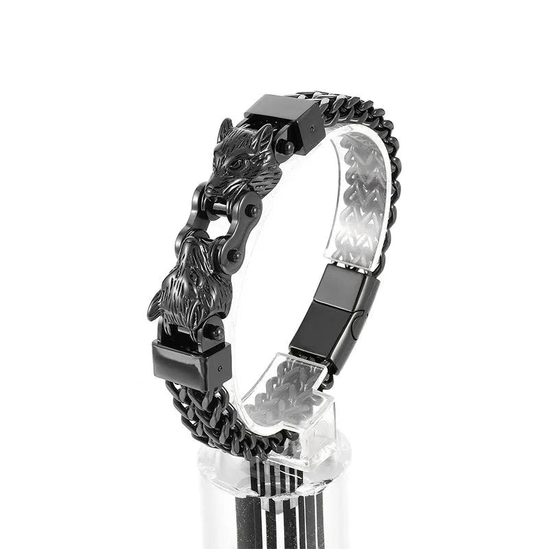 Double Wolf Head Biker Net Bracelet-Evani Jewelry
