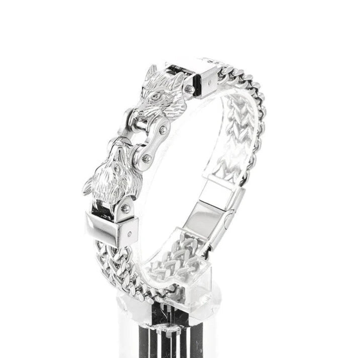 Double Wolf Head Biker Net Bracelet-Evani Jewelry