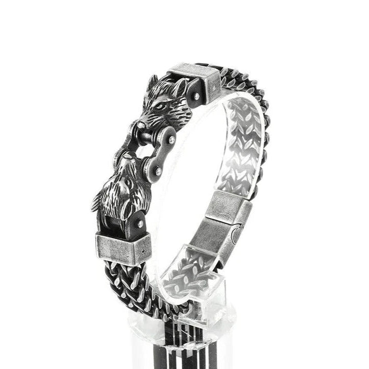 Double Wolf Head Biker Net Bracelet-Evani Jewelry