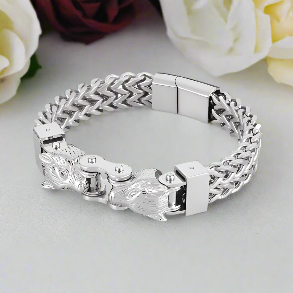Double Wolf Head Biker Net Bracelet-Evani Jewelry