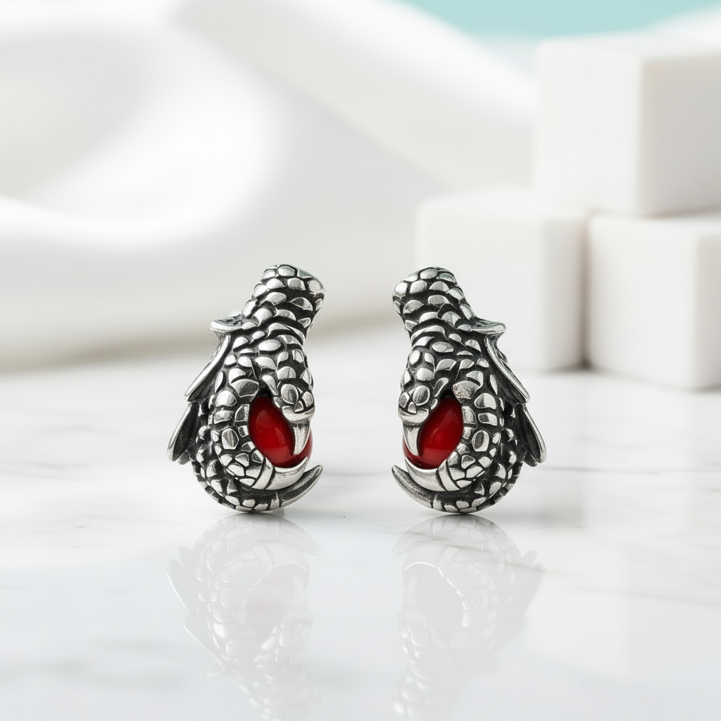 Dragon Claw Holding a Mysterious Dome Ruby Earrings-Evani Jewelry