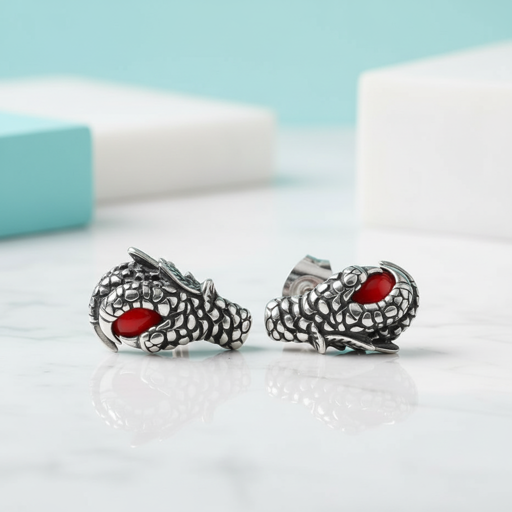 Dragon Claw Holding a Mysterious Dome Ruby Earrings-Evani Jewelry