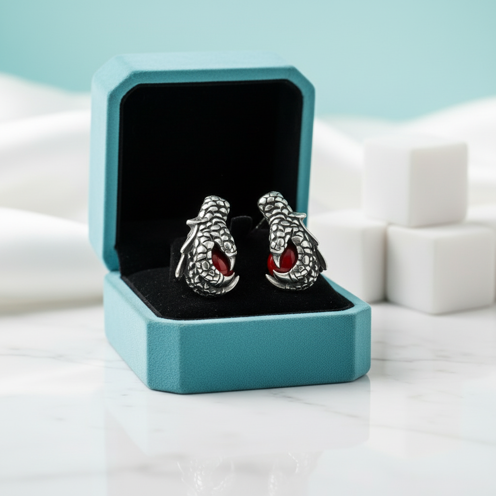 Dragon Claw Holding a Mysterious Dome Ruby Earrings-Evani Jewelry