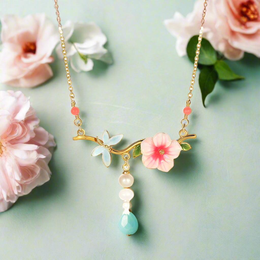 Dragonfly Hibiscus Enamel Flower with Pearl Necklace-Evani Naomi Jewelry