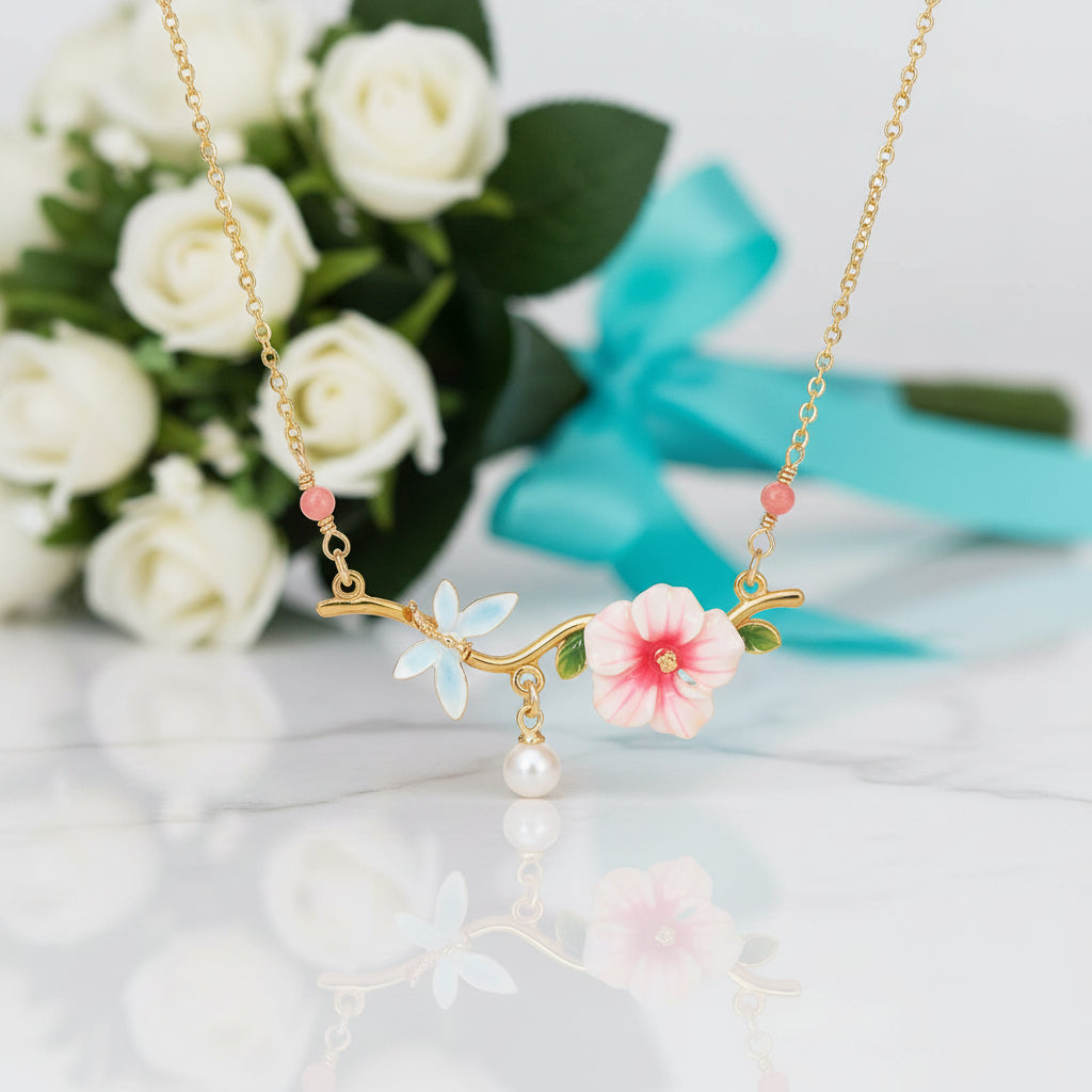 Dragonfly Hibiscus Enamel Flower with Pearl Necklace-Evani Jewelry