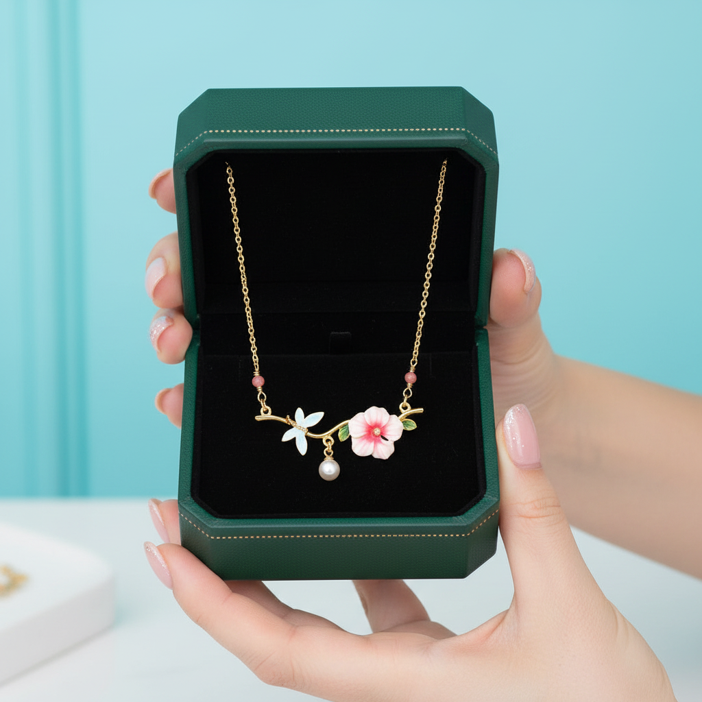 Dragonfly Hibiscus Enamel Flower with Pearl Necklace