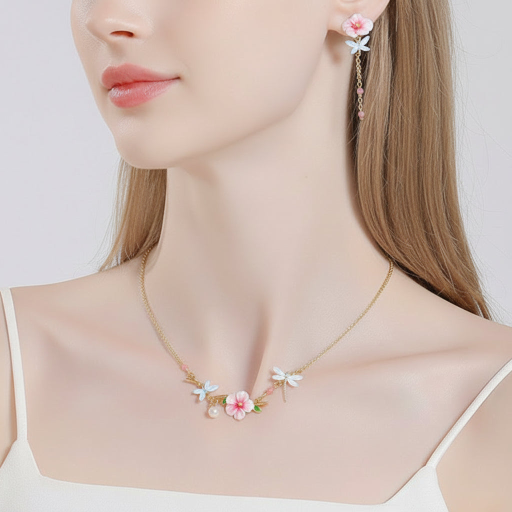 Dragonfly Hibiscus Enamel Flower with Pearl Necklace-Evani Jewelry